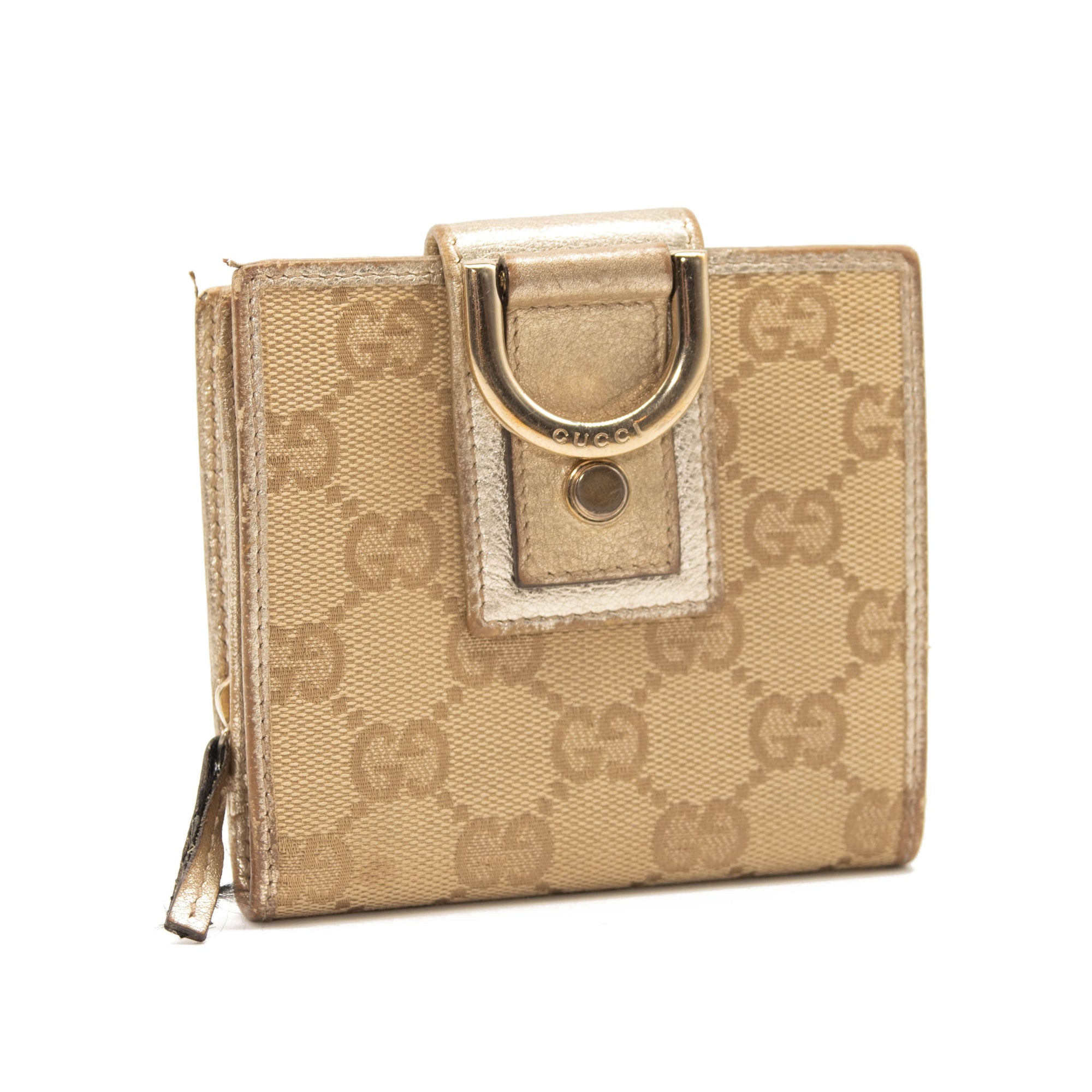 Gucci Monogram D Ring Compact Wallet Abbey Gold/Beige