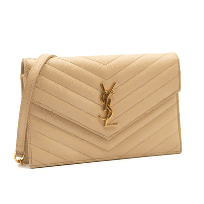 SAINT LAURENT Grain De Poudre Matelasse Chevron Monogram Envelope Chain Wallet Beige