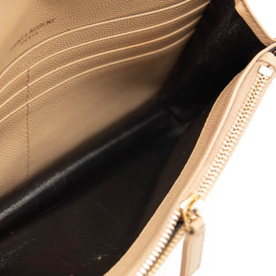SAINT LAURENT Grain De Poudre Matelasse Chevron Monogram Envelope Chain Wallet Beige