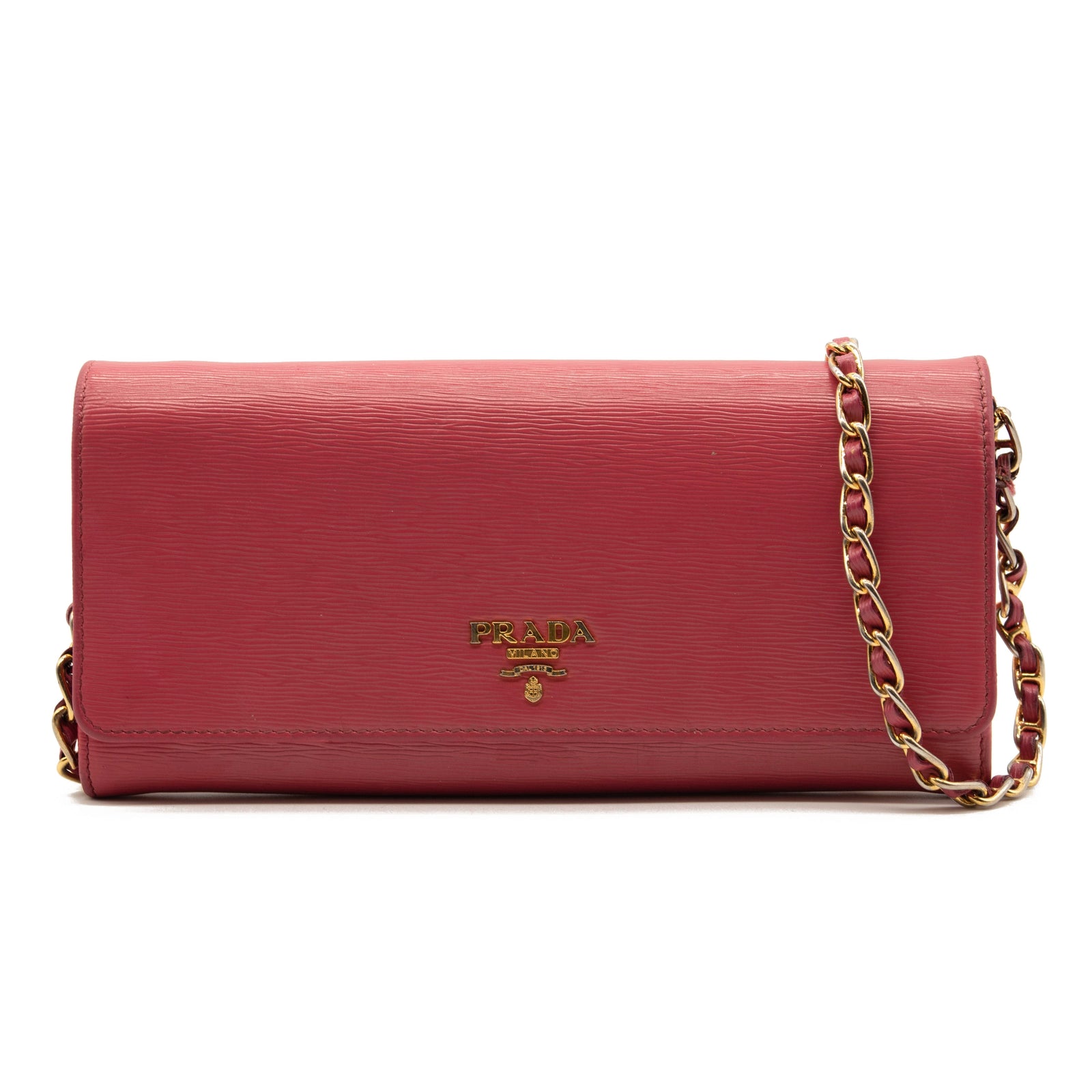 Prada Saffiano Metal Oro Chain Wallet Peonia Pink Crossbody
