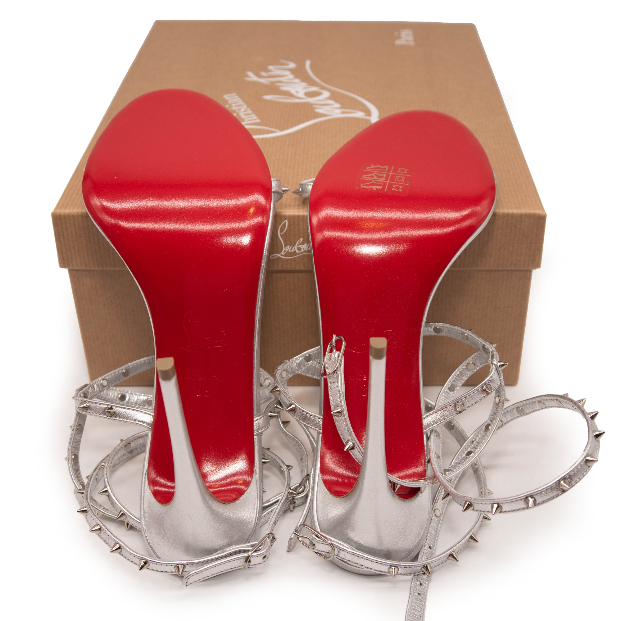 NEW Christian Louboutin Bombina Spikes Metallic Sandal in Silver 95mm EU 39