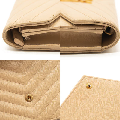 SAINT LAURENT Grain De Poudre Matelasse Chevron Monogram Envelope Chain Wallet Beige