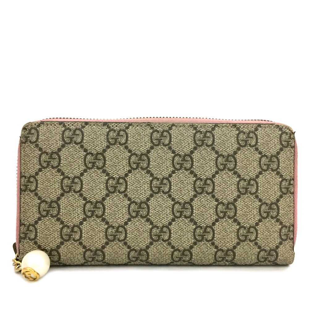 GUCCI GG Supreme Monogram Pearl Zip Around Wallet Beige Pink