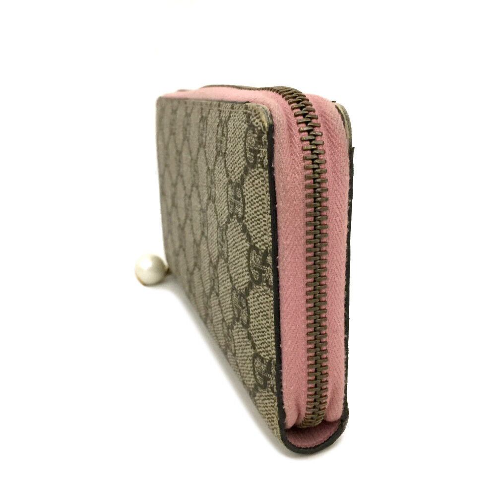 GUCCI GG Supreme Monogram Pearl Zip Around Wallet Beige Pink