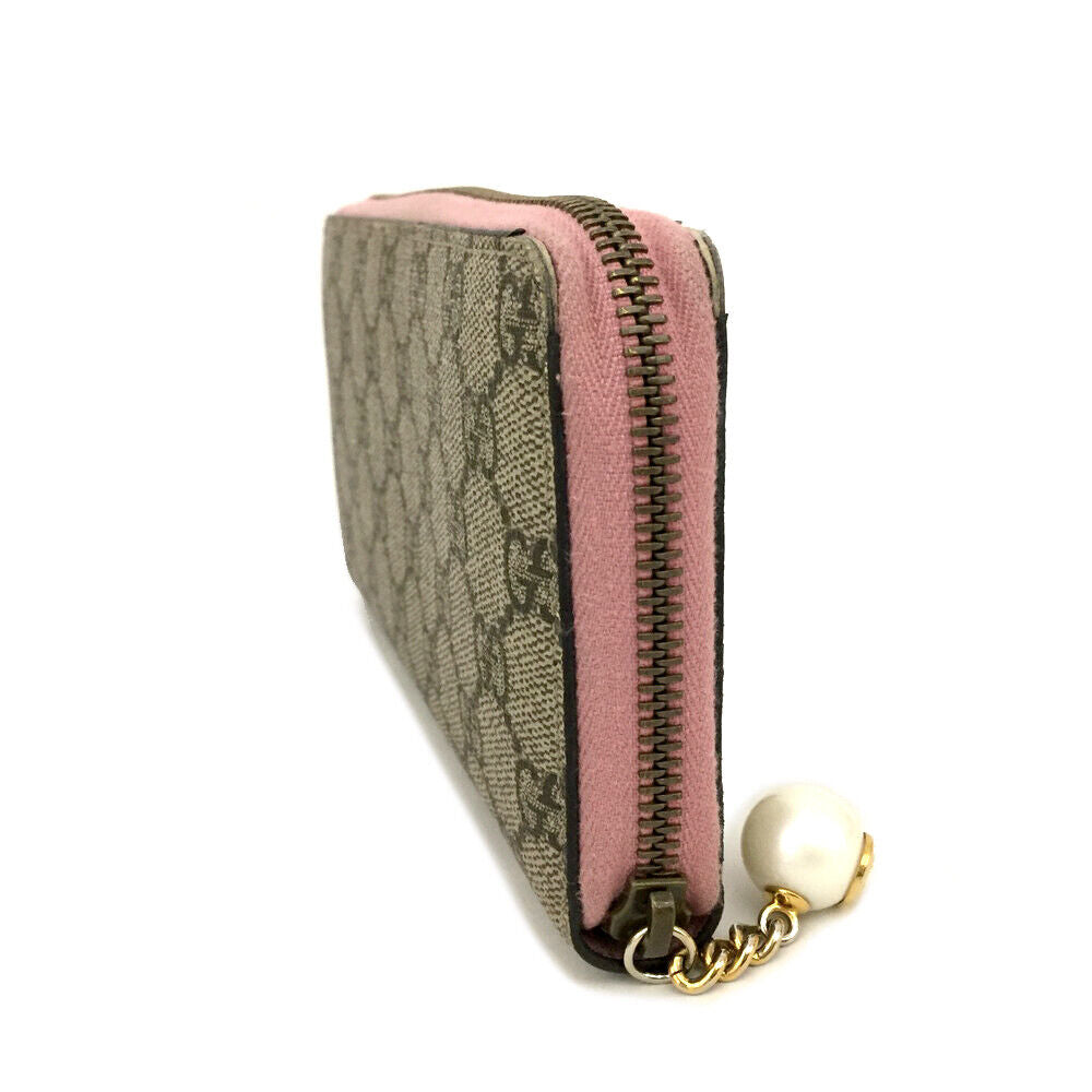 GUCCI GG Supreme Monogram Pearl Zip Around Wallet Beige Pink