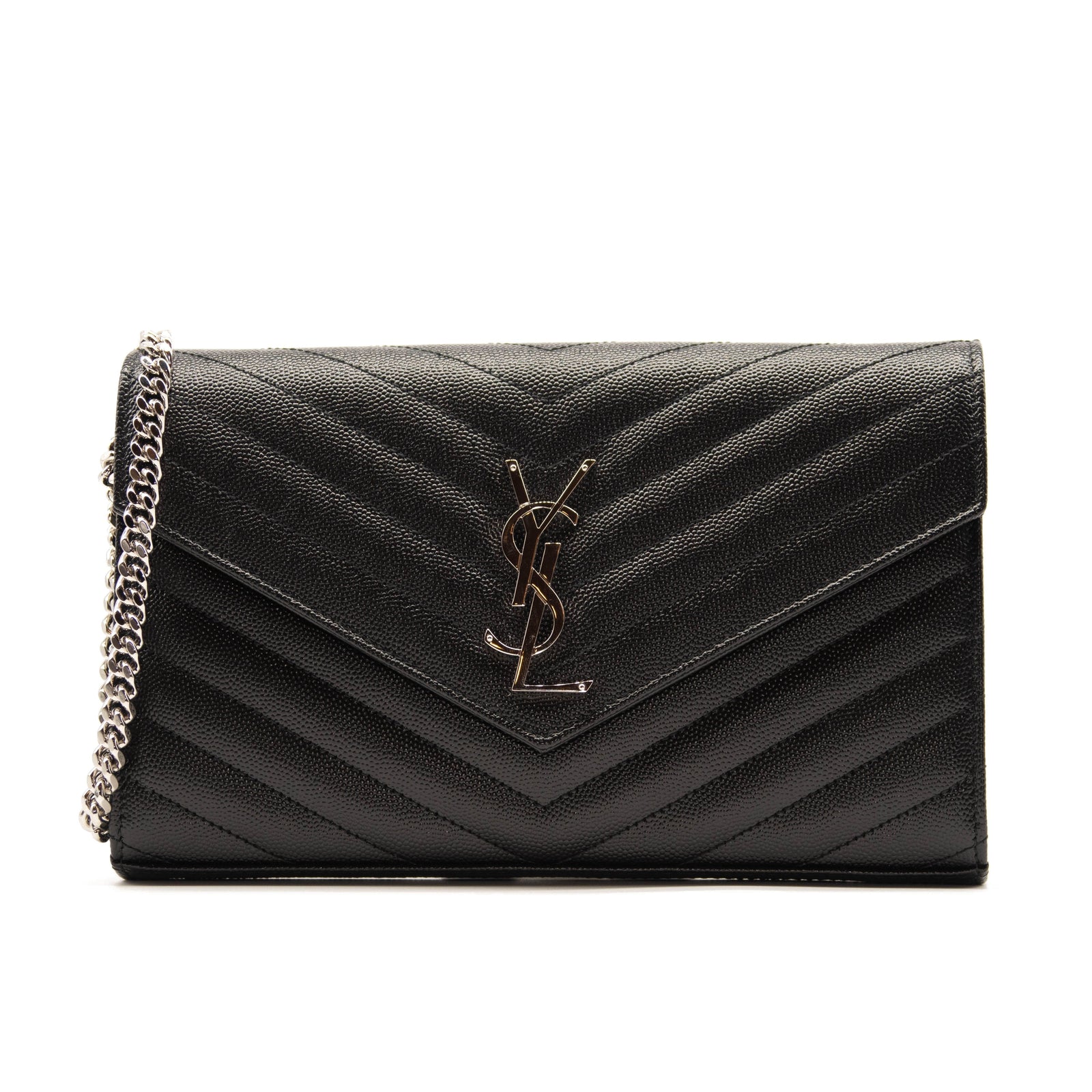 Saint Laurent Grain De Poudre Matelasse Chevron Monogram Chain Wallet Black