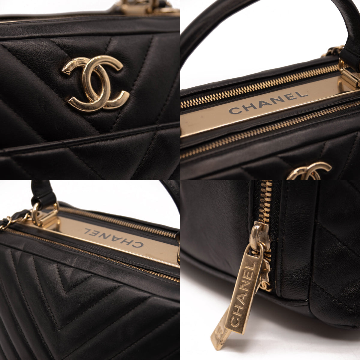 Chanel Lambskin Chevron Quilted Small Trendy CC Bowling Bag Black with Gold Hardware