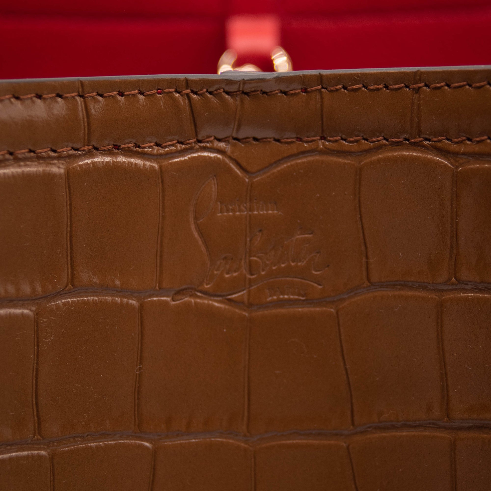 NEW Christian Louboutin Large Cabarock Croc Embossed Leather Tote Brown