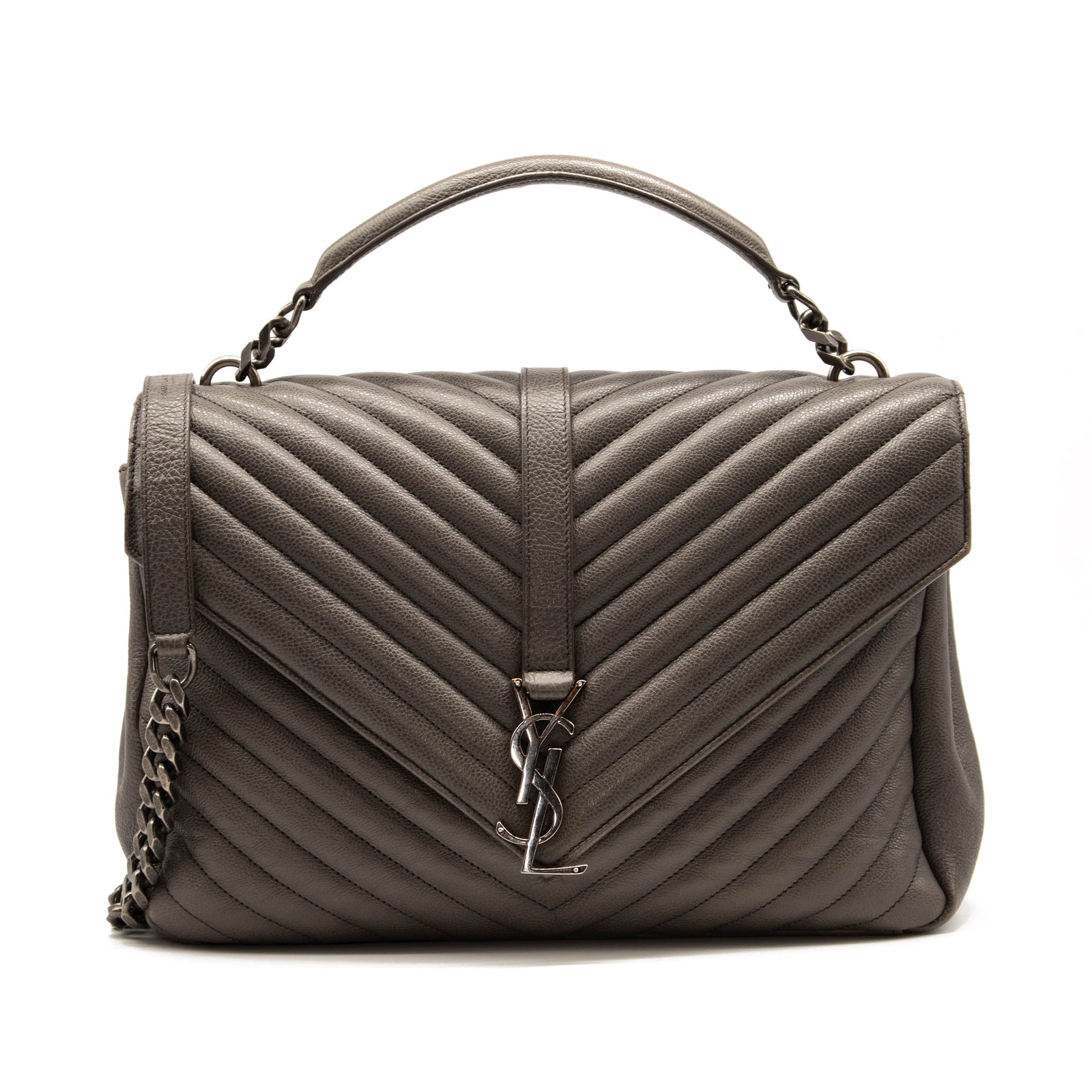 Saint Laurent Sheepskin Matelasse Chevron Monogram Large College Satchel Dark Anthracite