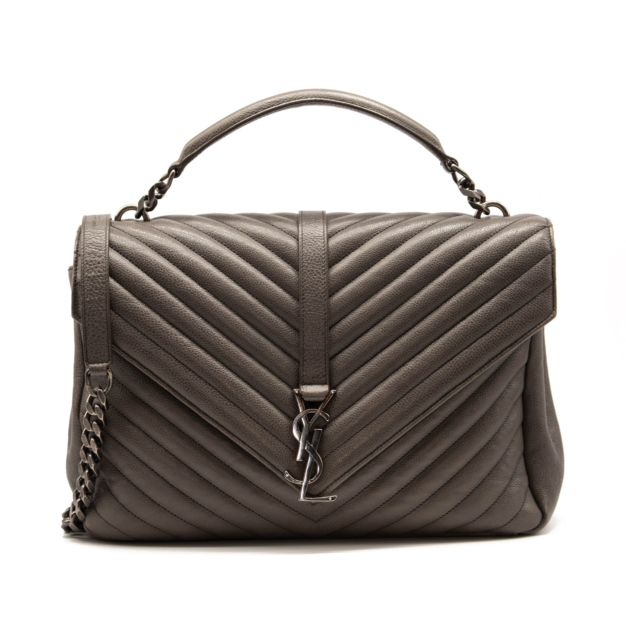 Saint Laurent Sheepskin Matelasse Chevron Monogram Large College Satchel Dark Anthracite