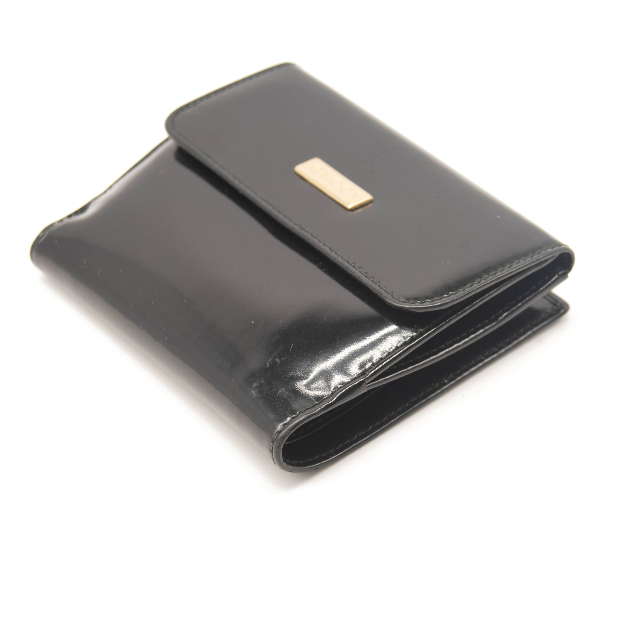 Gucci Vintage Leather French Purse Wallet Bifold Card Holder Black Patent
