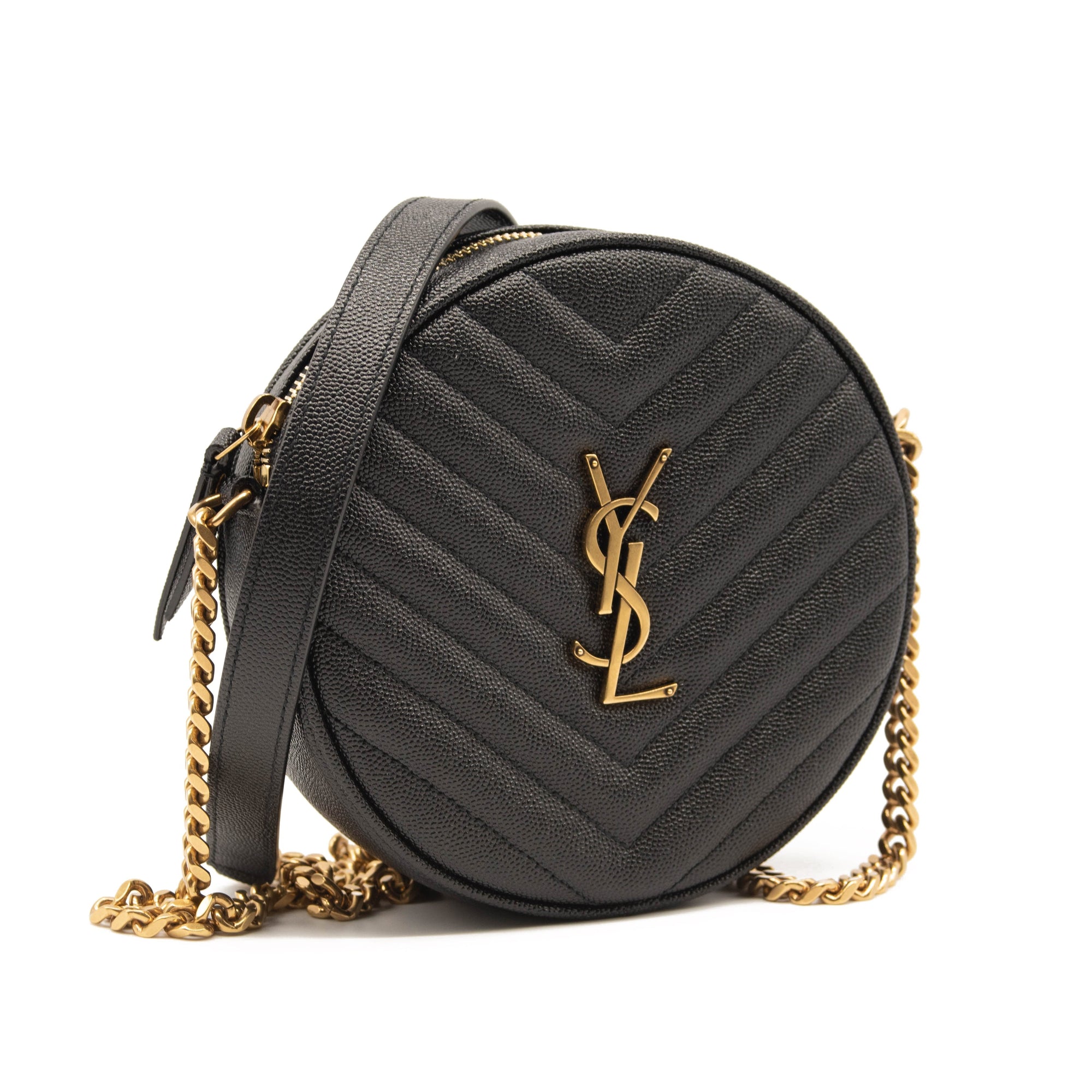 Saint Laurent Grain De Poudre Matelasse Chevron Quilted Round Vinyle Camera Bag Black