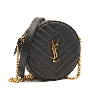 Saint Laurent Grain De Poudre Matelasse Chevron Quilted Round Vinyle Camera Bag Black