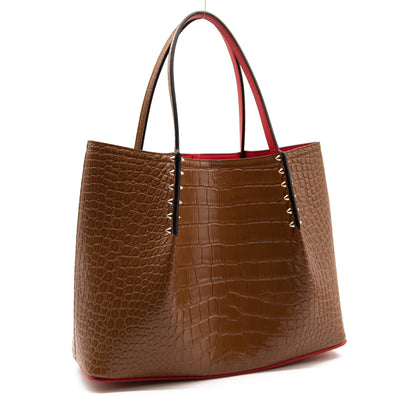 NEW Christian Louboutin Large Cabarock Croc Embossed Leather Tote Brown