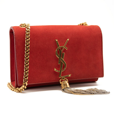 Saint Laurent Suede Small Classic Monogram Kate Tassel Satchel Red