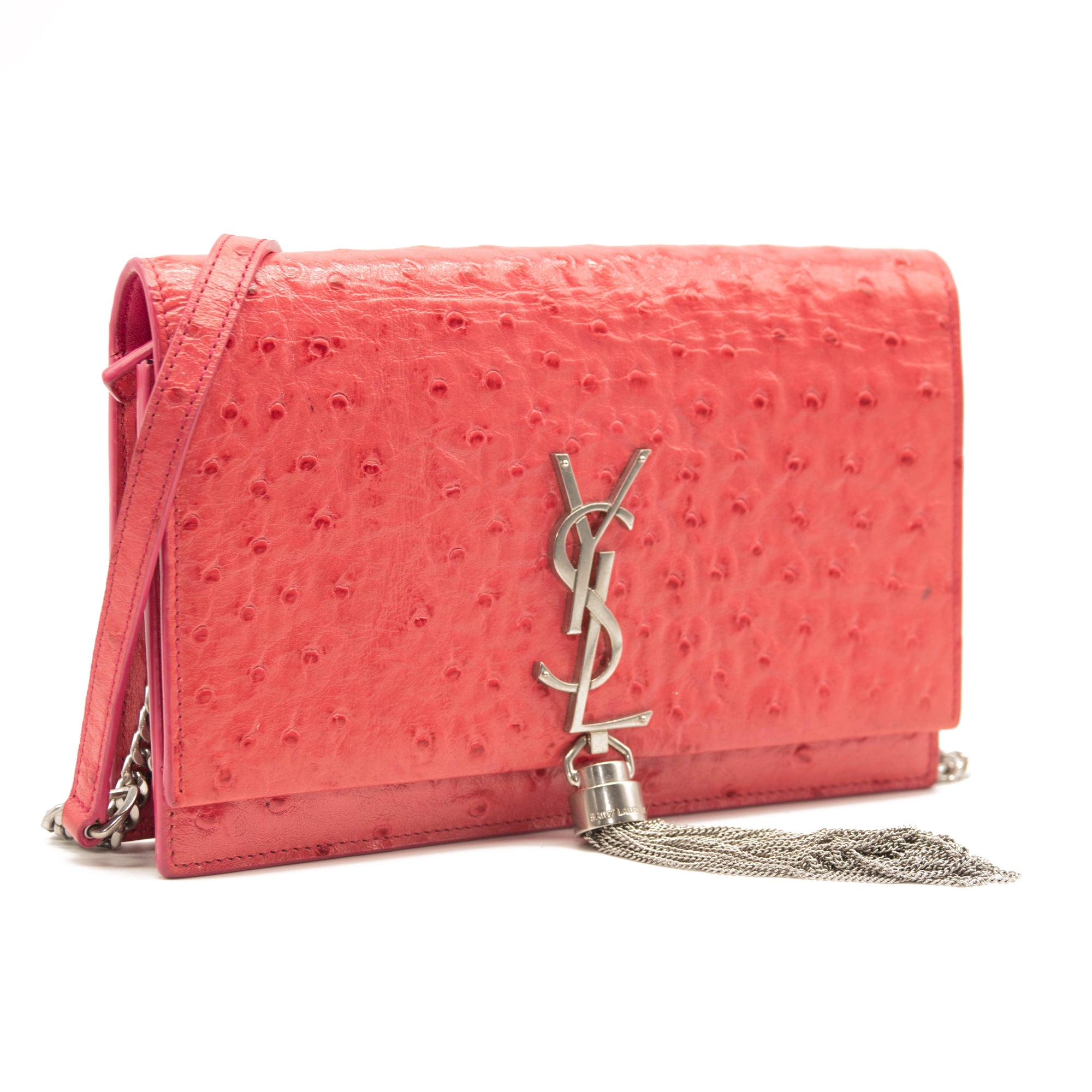 Saint Laurent Ostrich Embossed Kate Monogram Tassel Chain Wallet Pink