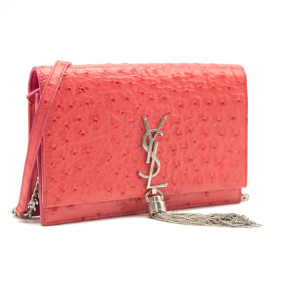 Saint Laurent Ostrich Embossed Kate Monogram Tassel Chain Wallet Pink