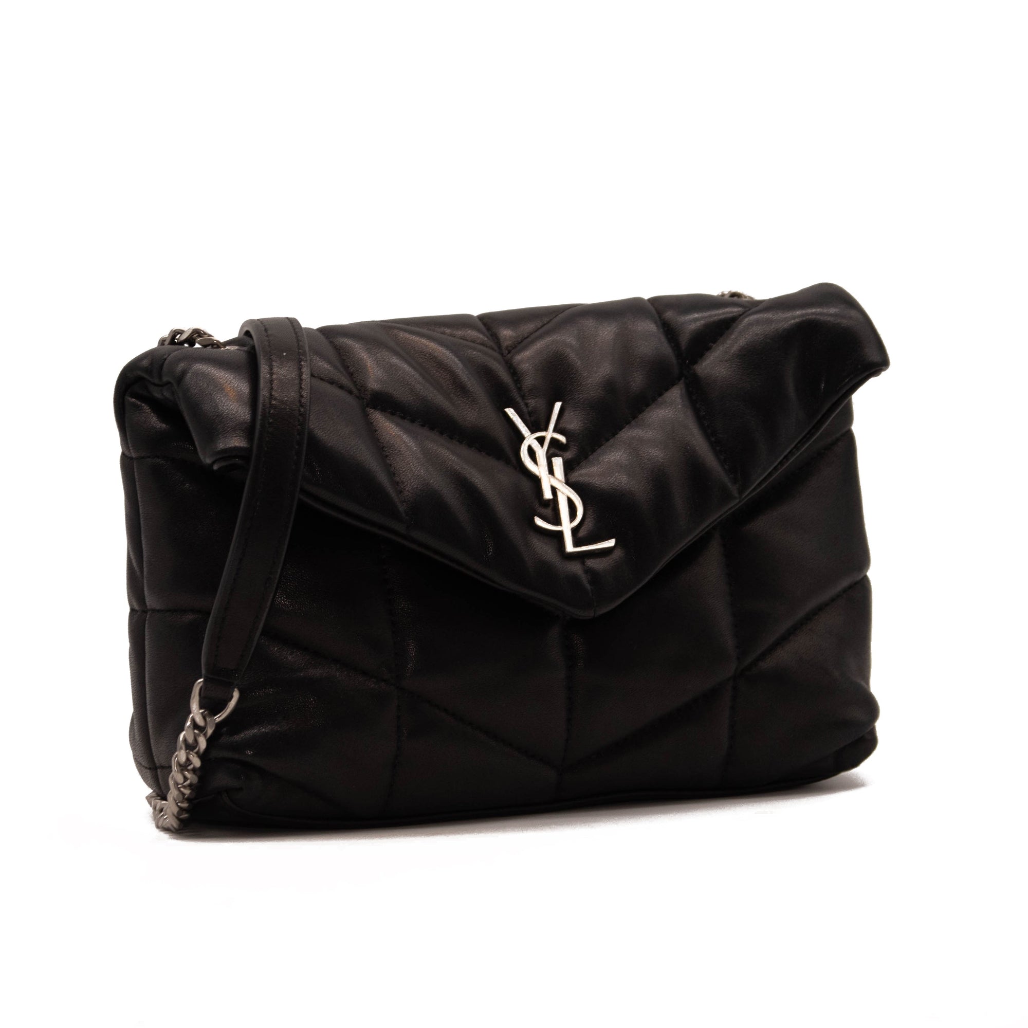 NEW Saint Laurent Lambskin Quilted Mini Loulou Puffer Monogram Chain Satchel Black