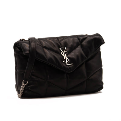 NEW Saint Laurent Lambskin Quilted Mini Loulou Puffer Monogram Chain Satchel Black