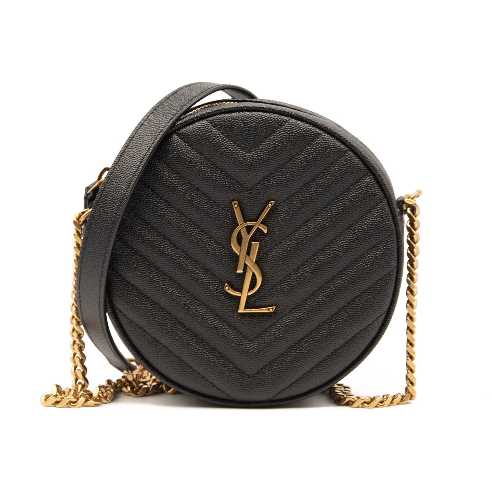 Saint Laurent Grain De Poudre Matelasse Chevron Quilted Round Vinyle Camera Bag Black