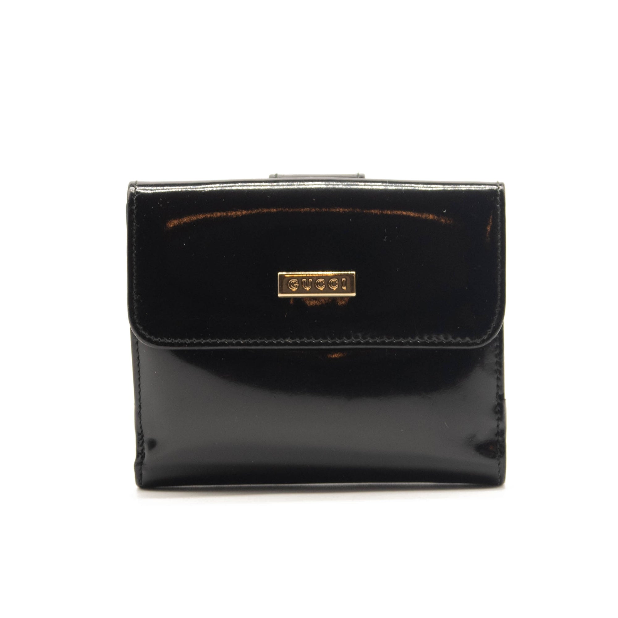 Gucci Vintage Leather French Purse Wallet Bifold Card Holder Black Patent