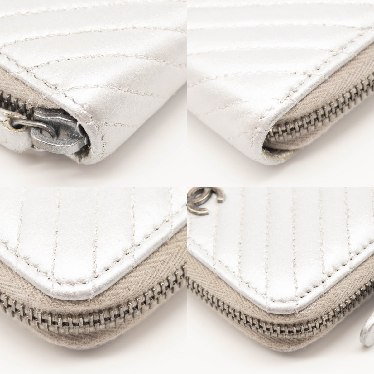 Chanel Metallic Lambskin Chevron Quilted Zip Coin Purse Silver Wallet
