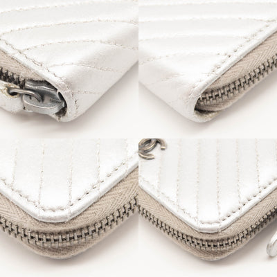 Chanel Metallic Lambskin Chevron Quilted Zip Coin Purse Silver Wallet