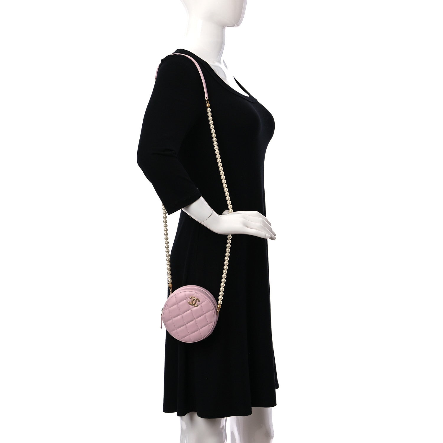 Chanel Calfskin Quilted Pearl Round Clutch With Chain Light Pink