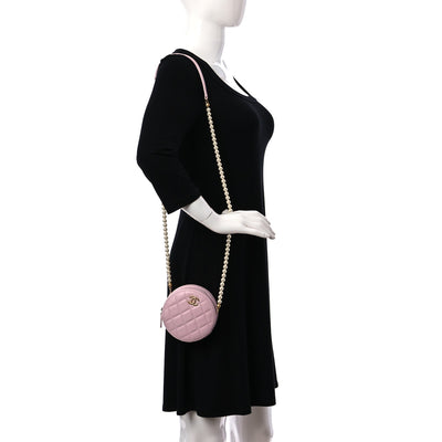 Chanel Calfskin Quilted Pearl Round Clutch With Chain Light Pink