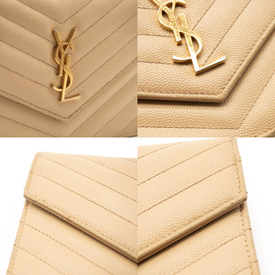 SAINT LAURENT Grain De Poudre Matelasse Chevron Monogram Envelope Chain Wallet Beige