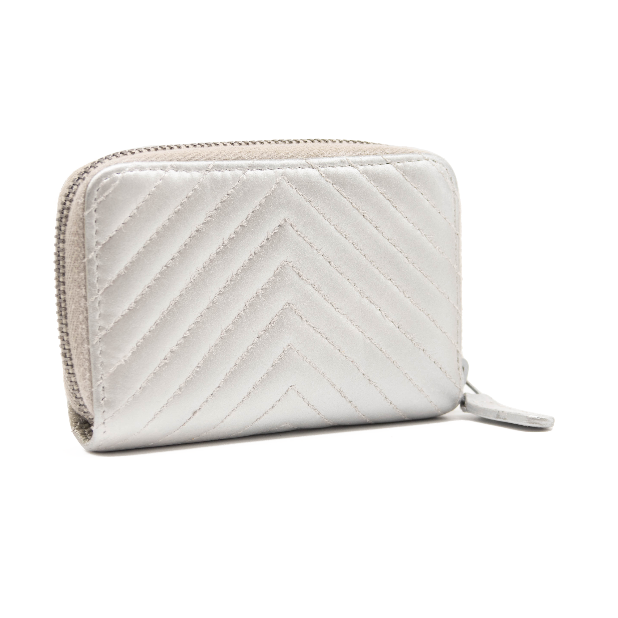 Chanel Metallic Lambskin Chevron Quilted Zip Coin Purse Silver Wallet