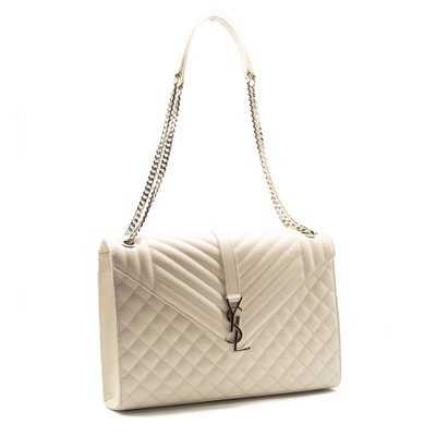 Saint Laurent Grain De Poudre Mixed Matelasse Large Triquilt Monogram Satchel Porcellana White
