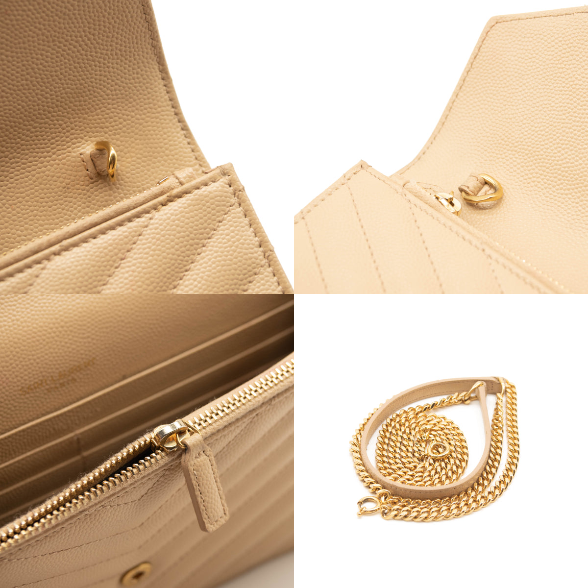 SAINT LAURENT Grain De Poudre Matelasse Chevron Monogram Envelope Chain Wallet Beige