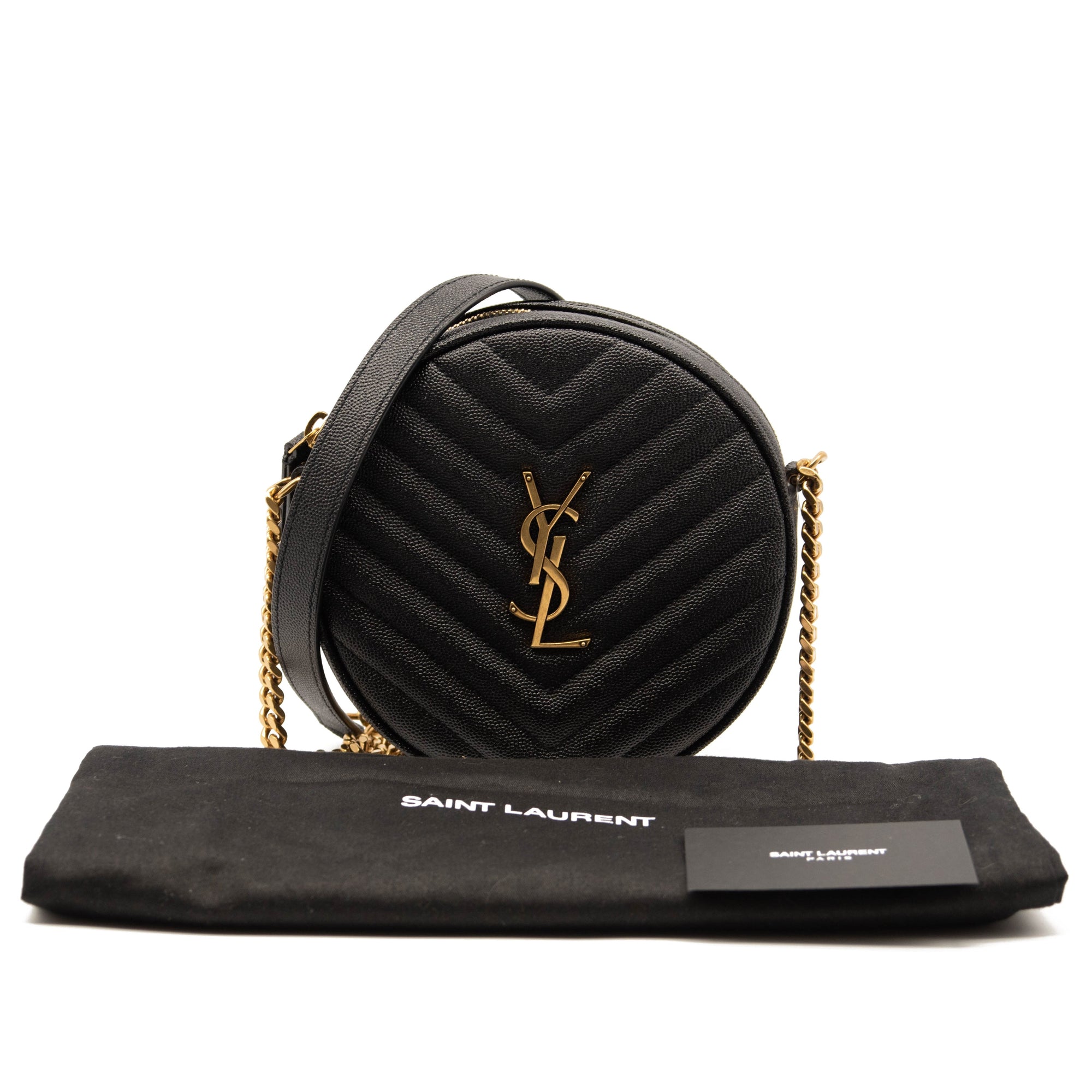 Saint Laurent Grain De Poudre Matelasse Chevron Quilted Round Vinyle Camera Bag Black