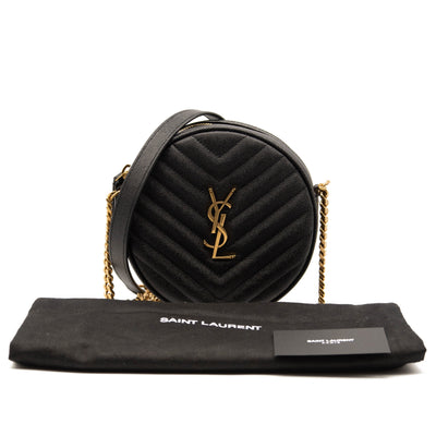 Saint Laurent Grain De Poudre Matelasse Chevron Quilted Round Vinyle Camera Bag Black