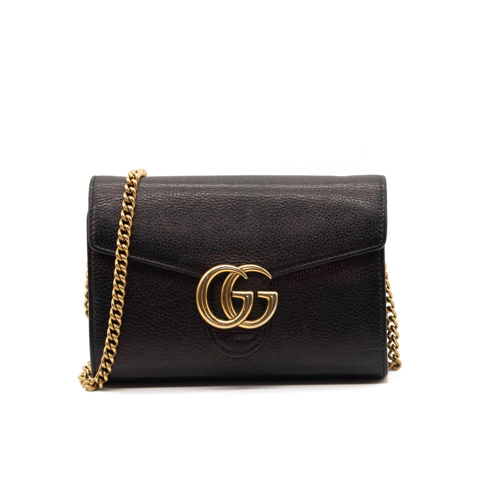 Gucci Marmont Chain Wallet Black Leather Shoulder Bag WOC GG Crossbody