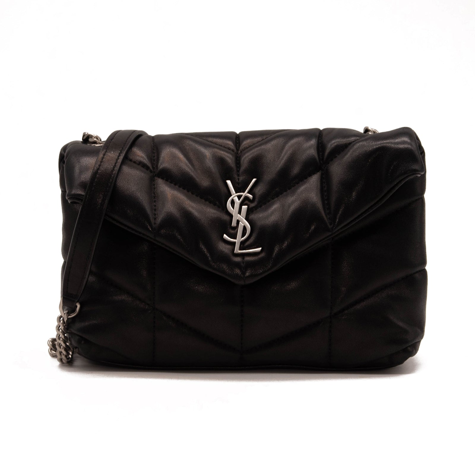 NEW Saint Laurent Lambskin Quilted Mini Loulou Puffer Monogram Chain Satchel Black