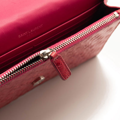 Saint Laurent Ostrich Embossed Kate Monogram Tassel Chain Wallet Pink