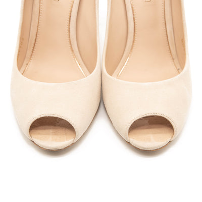 Louis Vuitton Peep Toe Suede Pumps Eyeline 37.5 Gold Heel