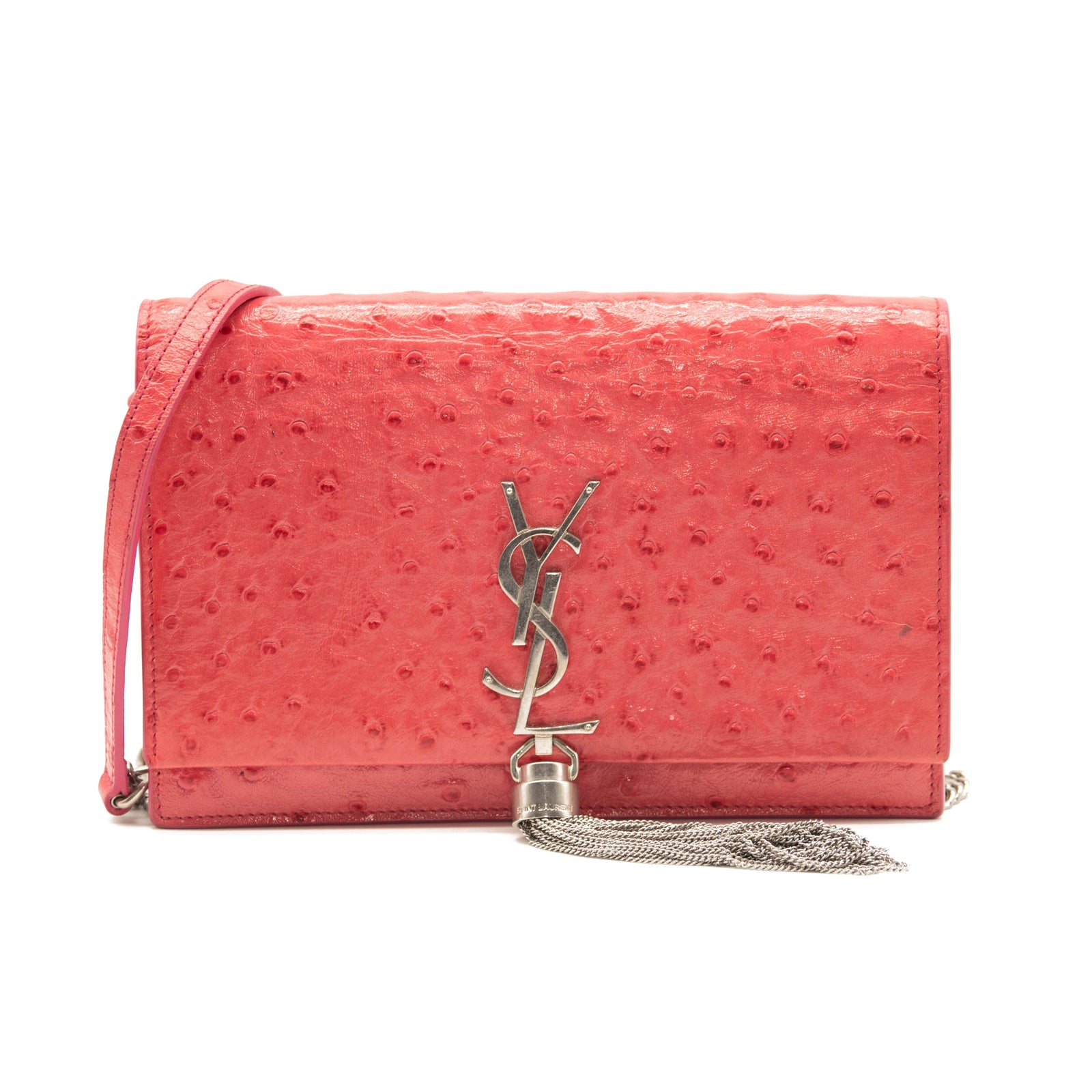 Saint Laurent Ostrich Embossed Kate Monogram Tassel Chain Wallet Pink