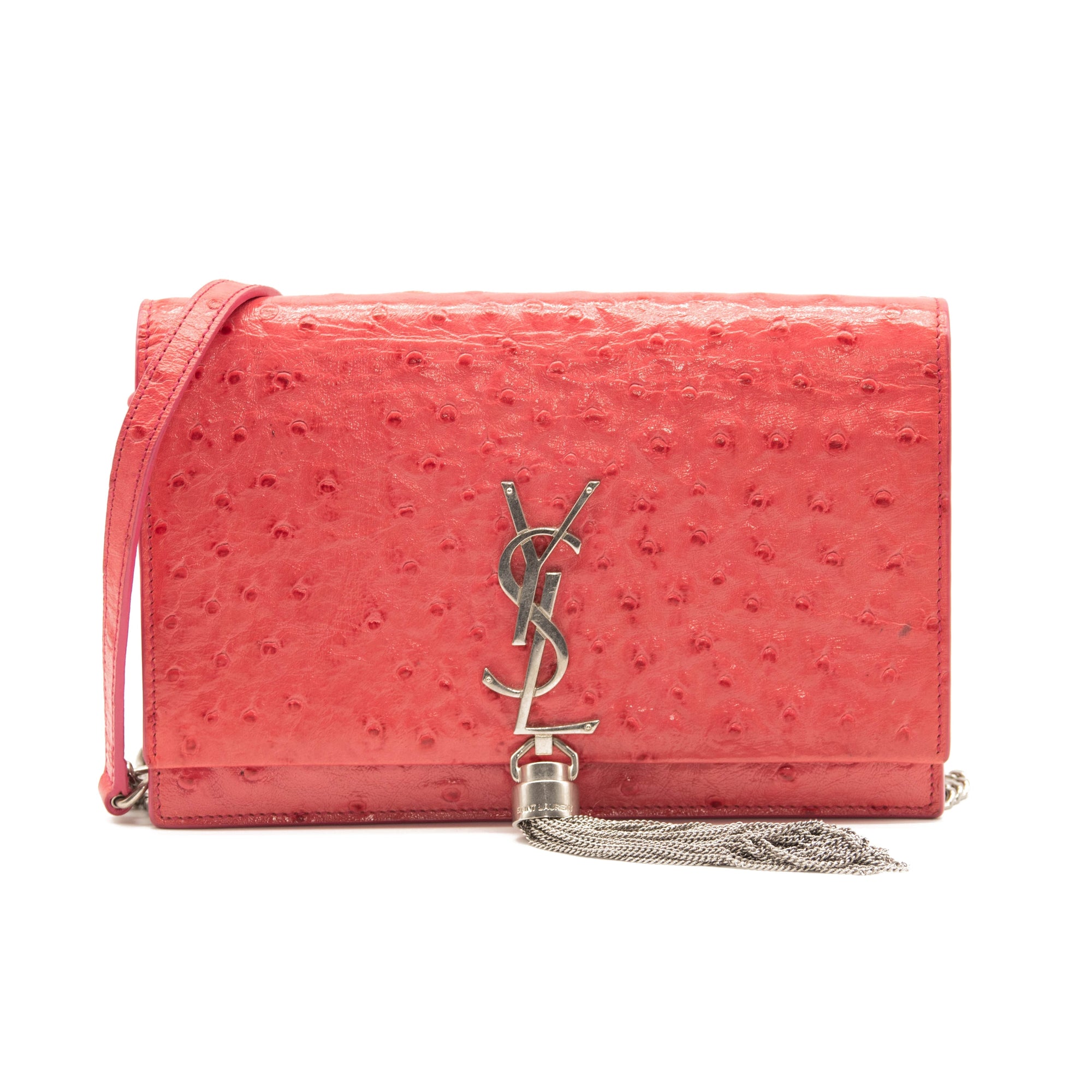 Saint Laurent Ostrich Embossed Kate Monogram Tassel Chain Wallet Pink