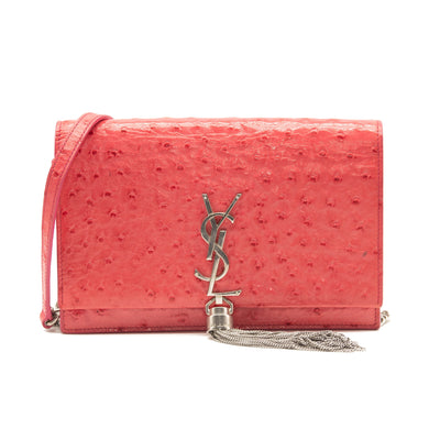 Saint Laurent Ostrich Embossed Kate Monogram Tassel Chain Wallet Pink