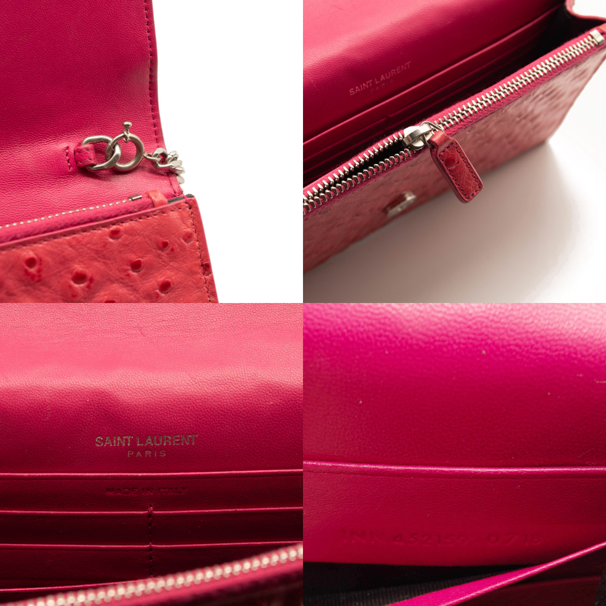 Saint Laurent Ostrich Embossed Kate Monogram Tassel Chain Wallet Pink