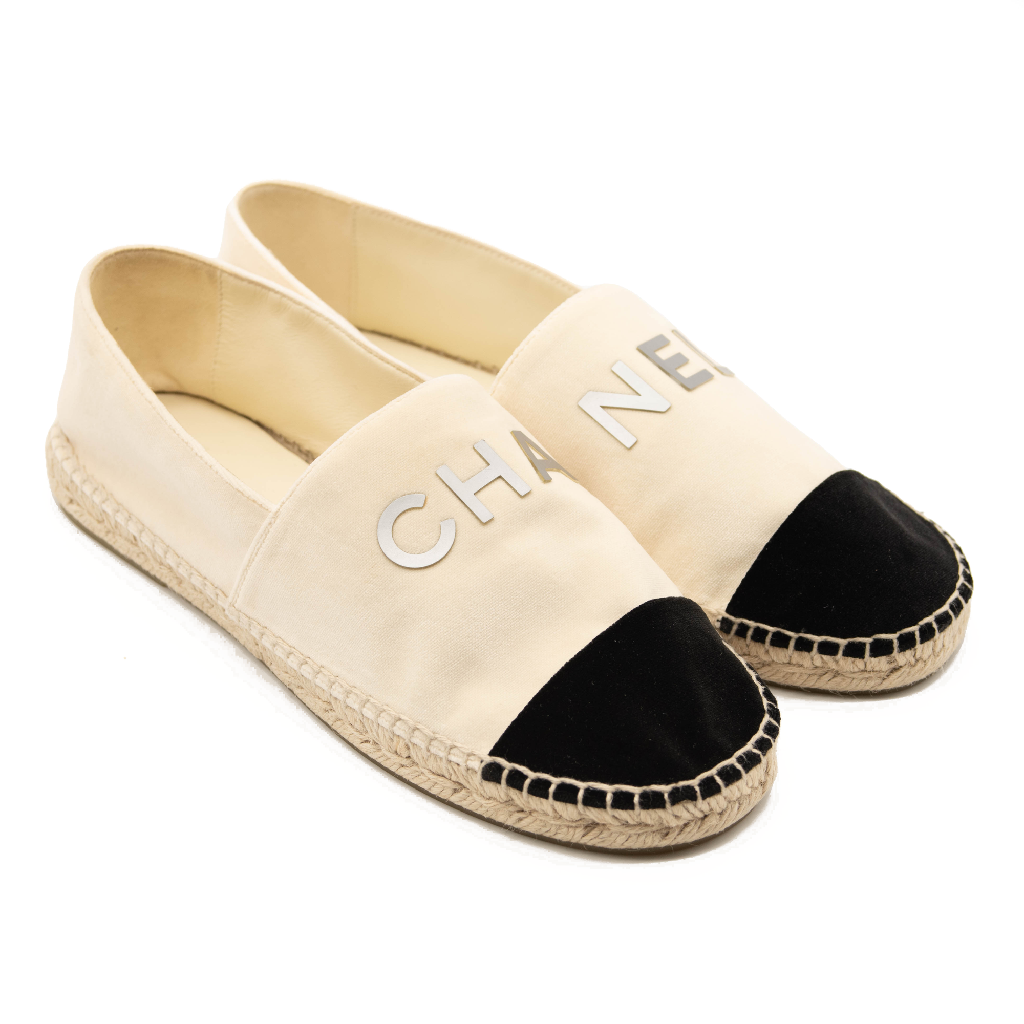 Chanel Beige Velvet Logo Espadrilles Black Mules/Slides