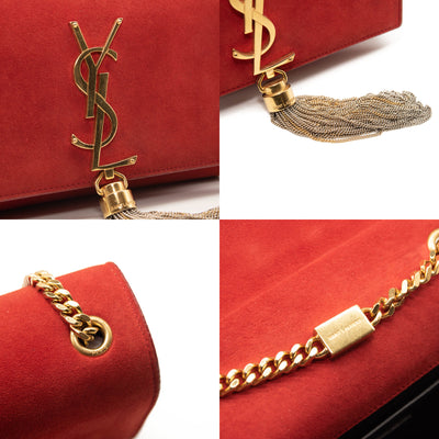 Saint Laurent Suede Small Classic Monogram Kate Tassel Satchel Red