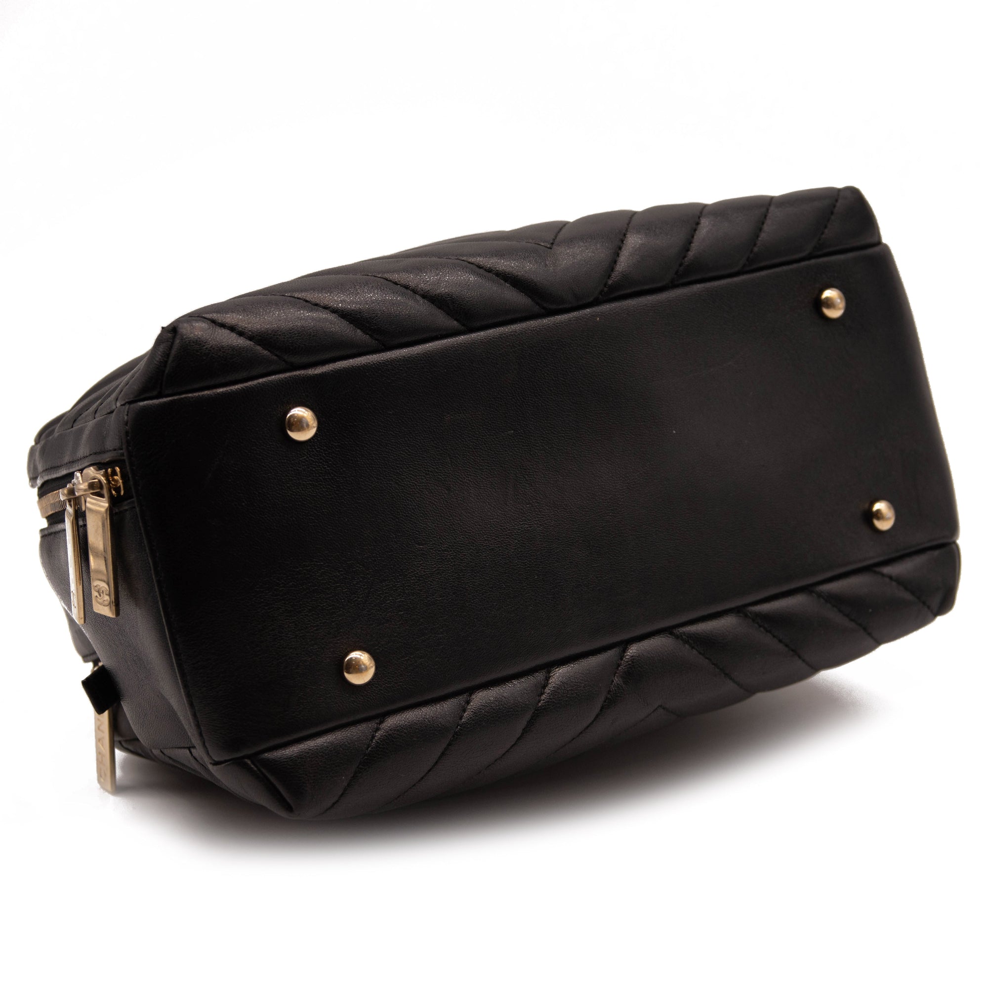Chanel Lambskin Chevron Quilted Small Trendy CC Bowling Bag Black with Gold Hardware