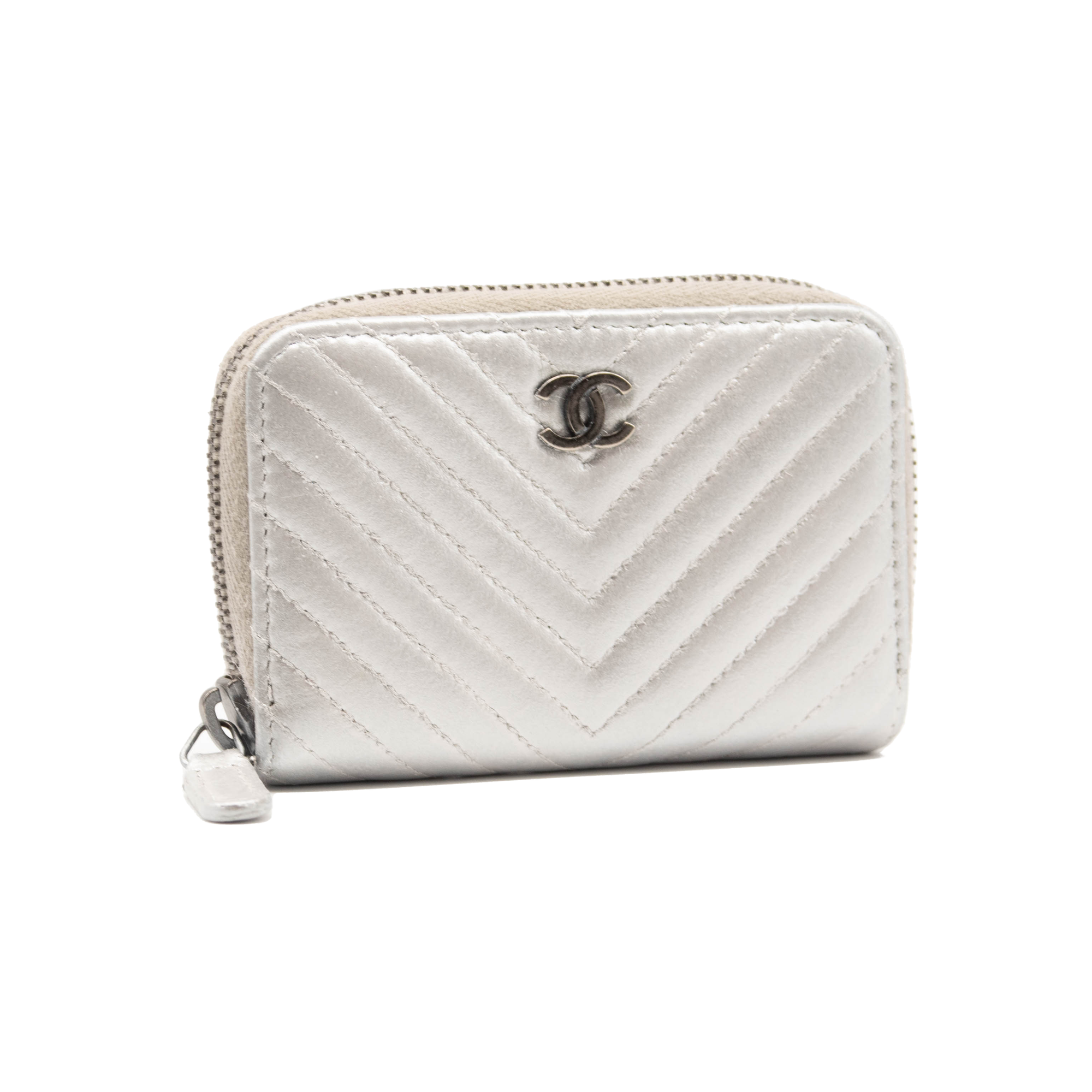 Chanel Metallic Lambskin Chevron Quilted Zip Coin Purse Silver Wallet
