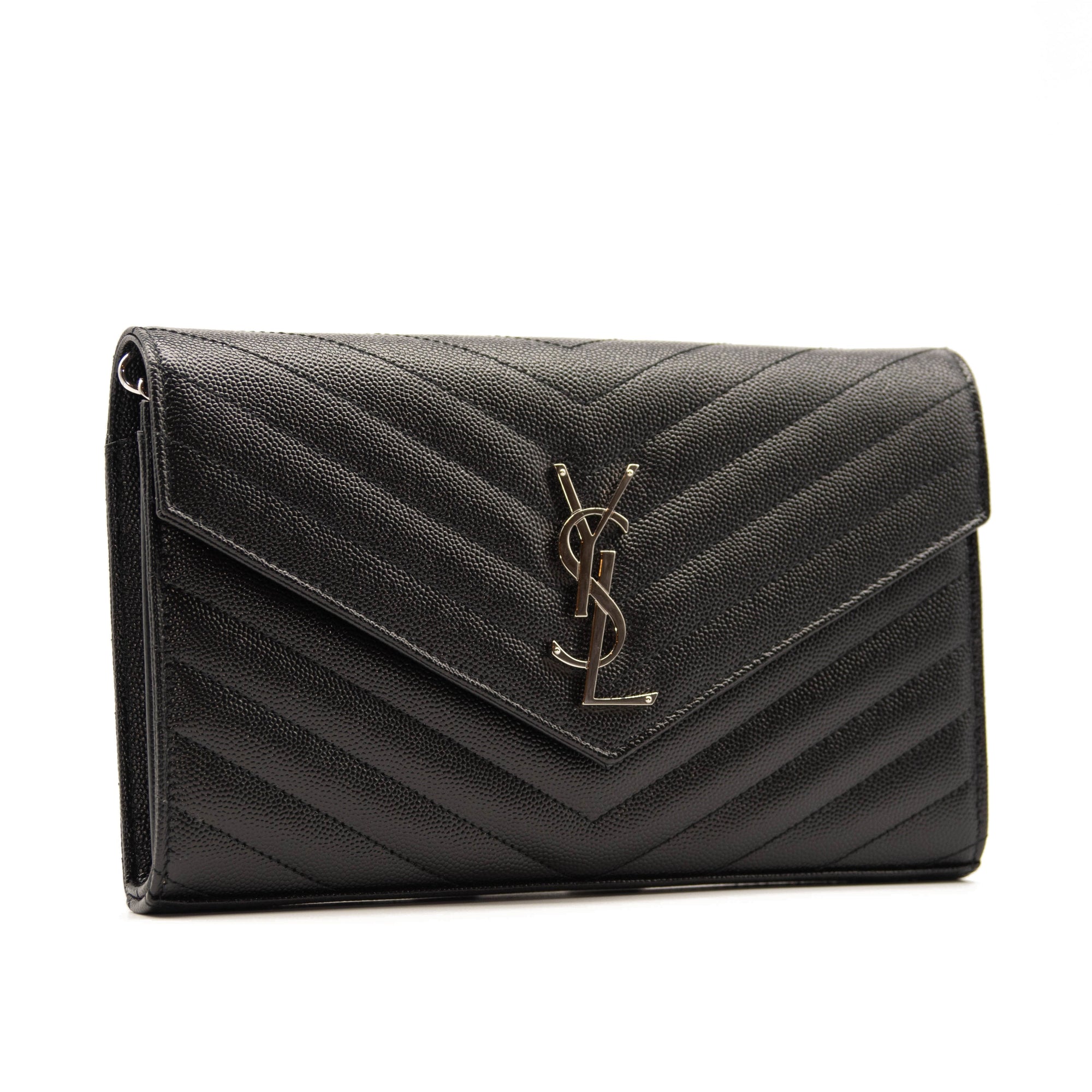 Saint Laurent Grain De Poudre Matelasse Chevron Monogram Chain Wallet Black