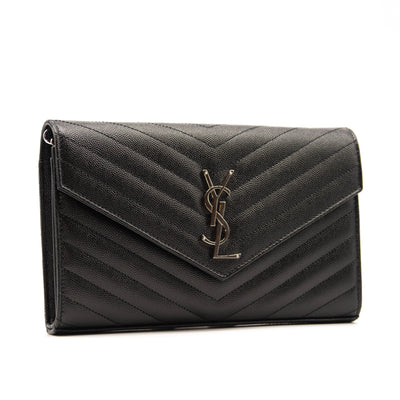 Saint Laurent Grain De Poudre Matelasse Chevron Monogram Chain Wallet Black