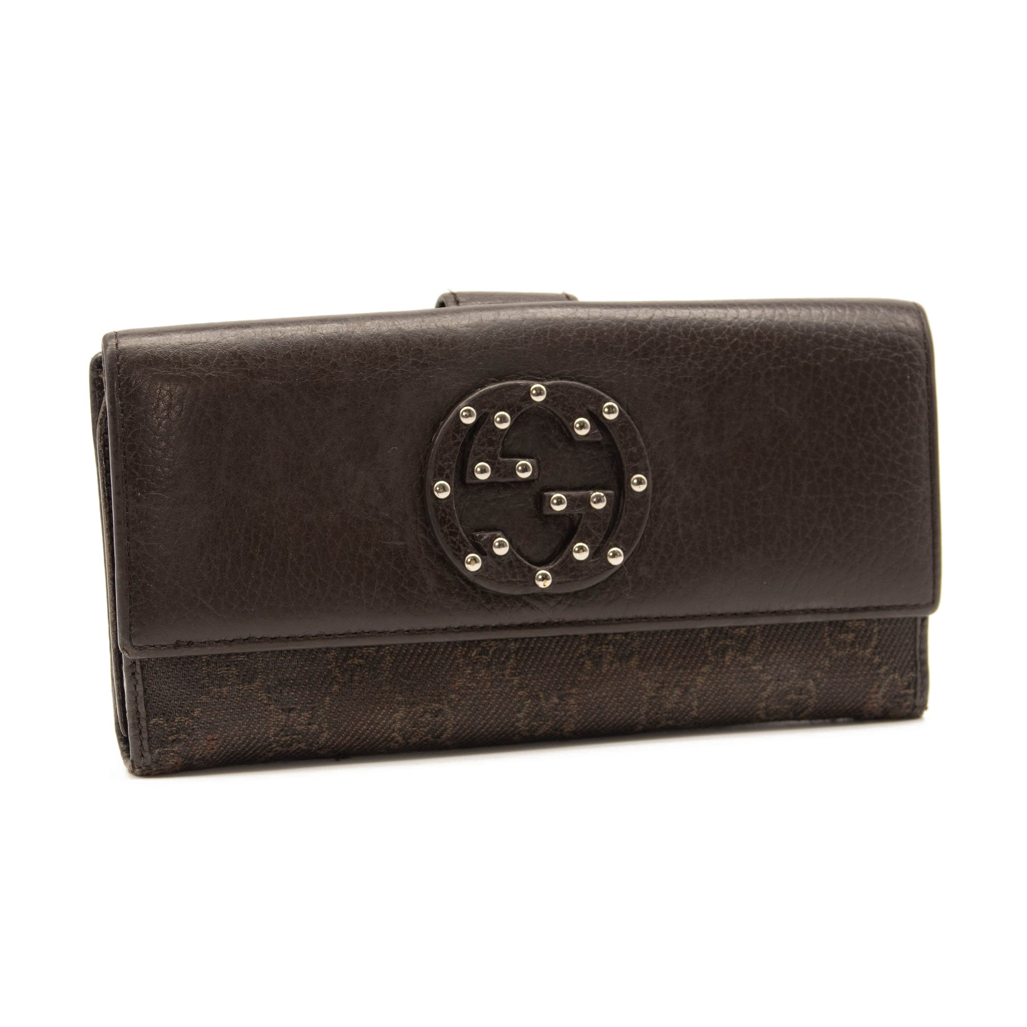 Gucci Monogram Interlocking G Continental Wallet Brown Canvas Studded Flap